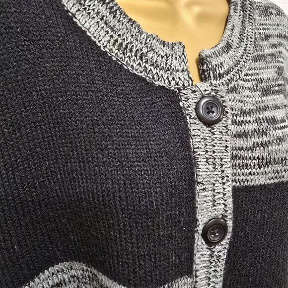 Patchwork Cardigan Sweater Womens Lg Petite Black Gray Colorblock Lagenlook Knit - Picture 2 of 7